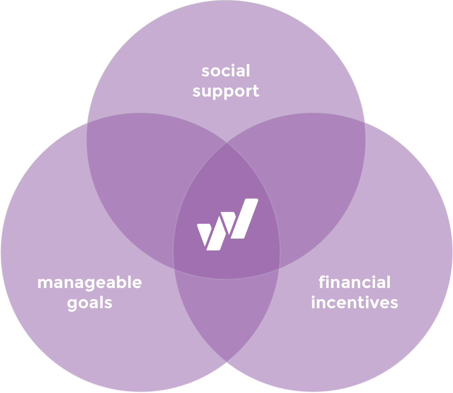 Venn diagram of Social Support, Manageable Goals, and Financial Incentive circles with the WayBetter logo in the center intersection.