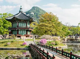 Corea del Sud - pagoda tipica su in isola all'interno di un lago, con un ponte antico che la collega alla terra ferma. Alberi e fiori tutti in torno al laghetto
