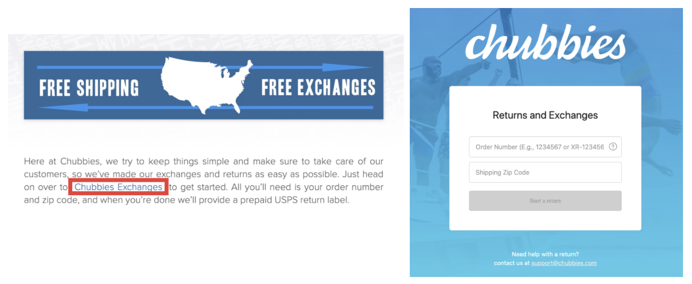 Chubbies returns page example