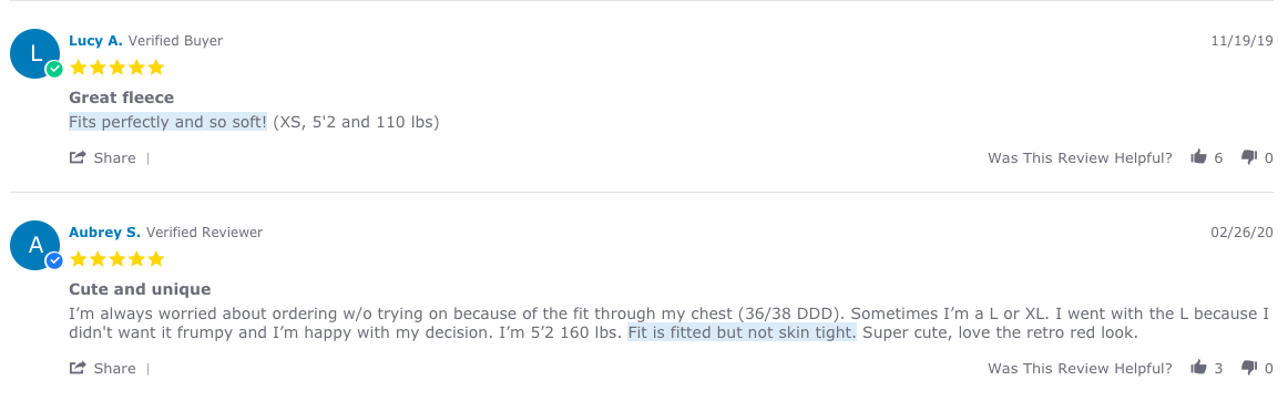 Reviews let customers share sizing info