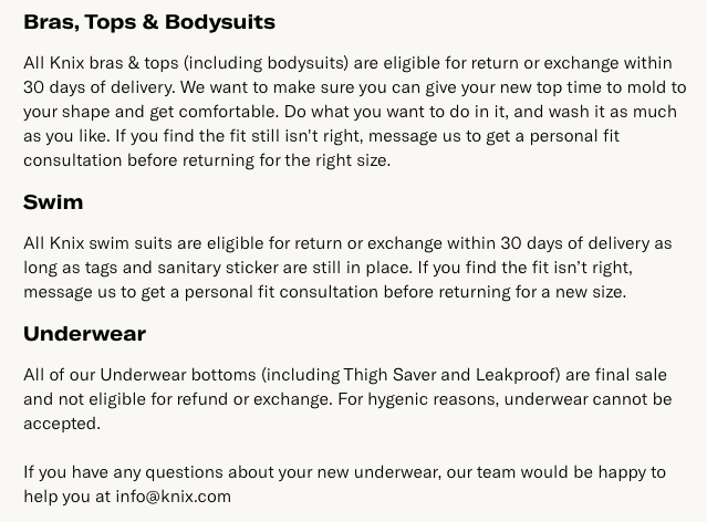Example intimate return policy (bucketed)