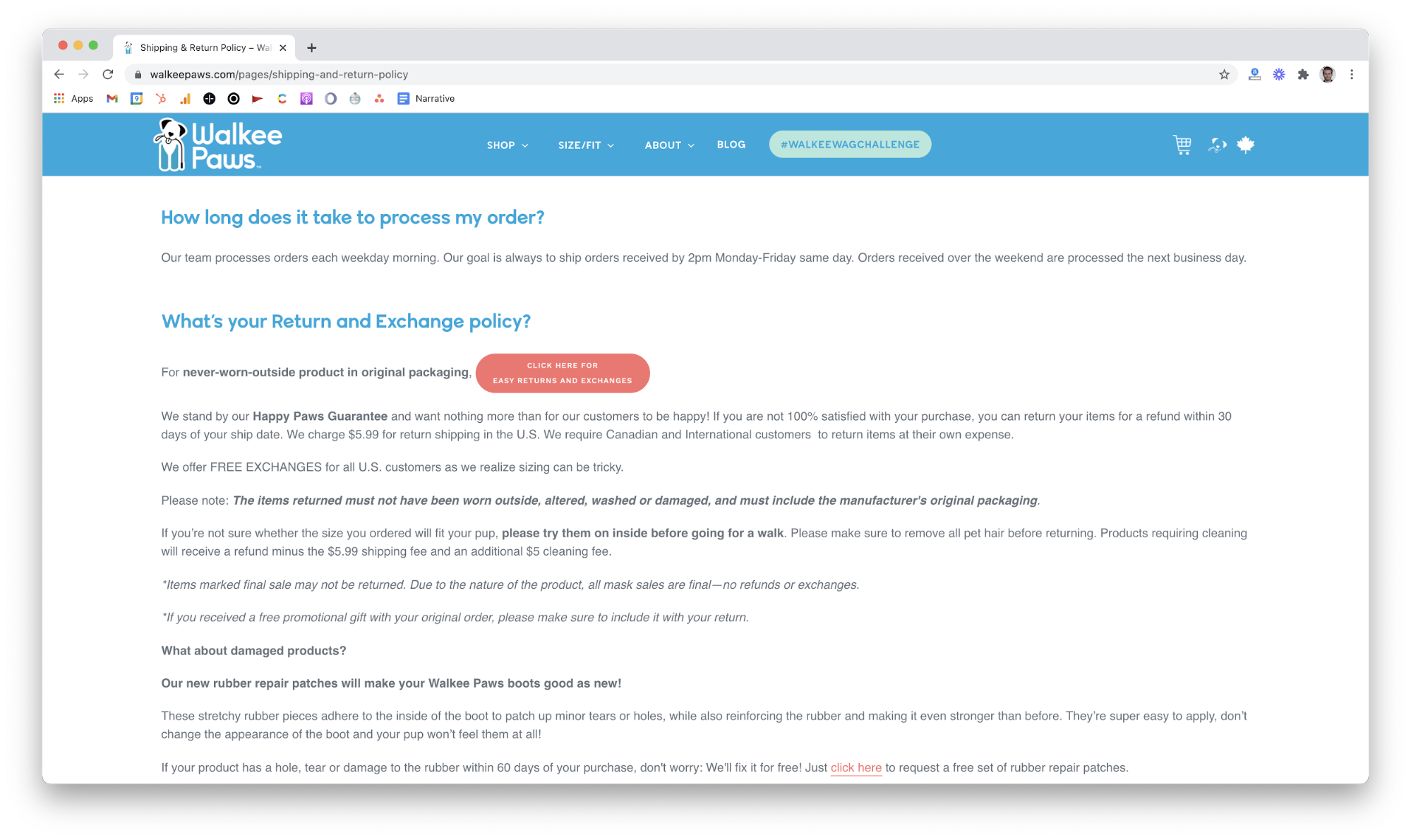 Walkee Paws return policy block of text