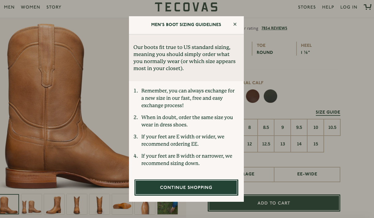 Detailed sizing info on Tecovas