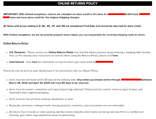 block of text return policy