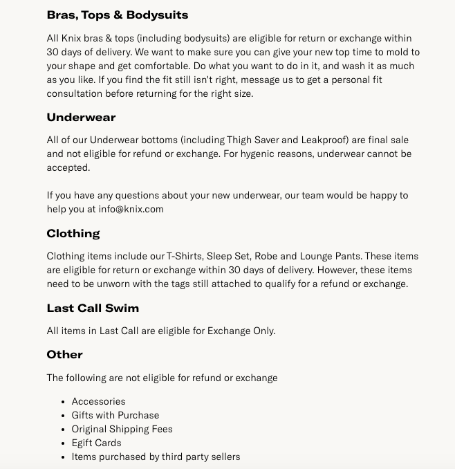 knix return policy example