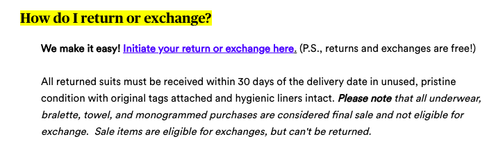 Example copy for bathing suit return policy