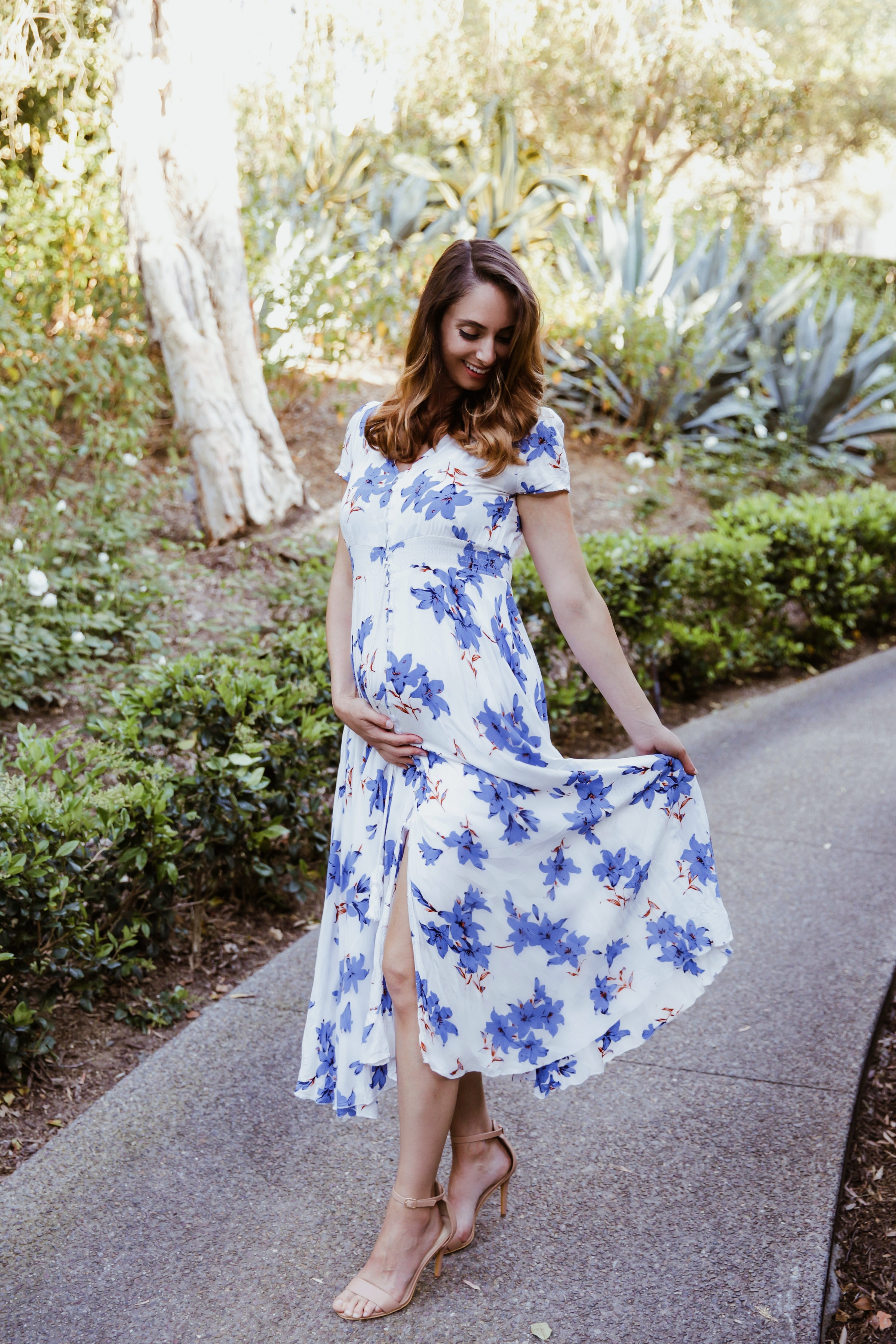 Fashion-Long Blue Floral Dress Fashion with sleeves button down maternity spring summer easter brunch wine tasting bridal shower baby shower wedding guest