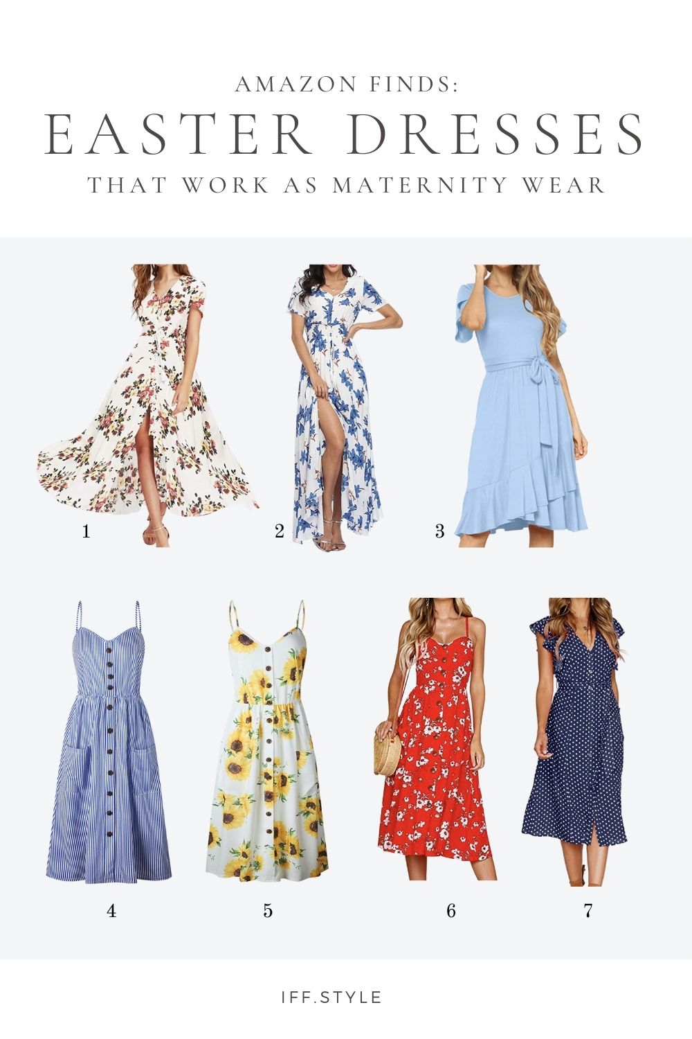 Pinterest Pin-7 Easter Dresses from Amazon for Pregnant Mamas maternity spring summer easter brunch wine tasting bridal shower baby shower wedding guest