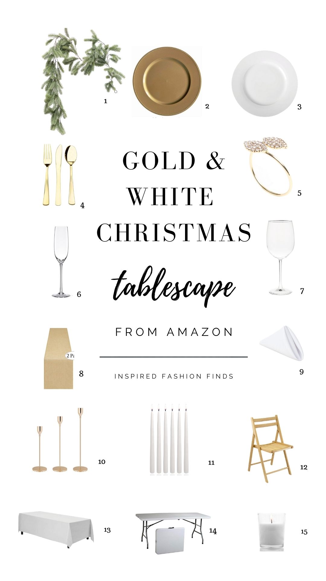 Pinterest Pins Collage Gold White and Green Christmas holiday tablescape table setting elegant 