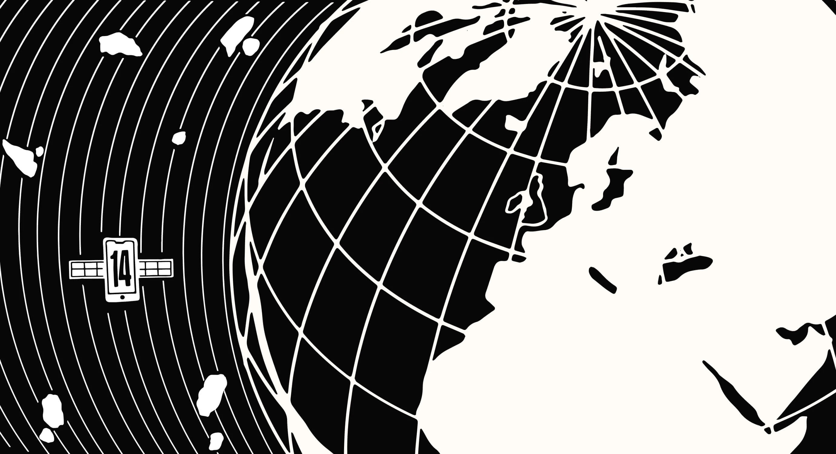 An illustration of the earth and a satellite displaying the iOS 14 badge