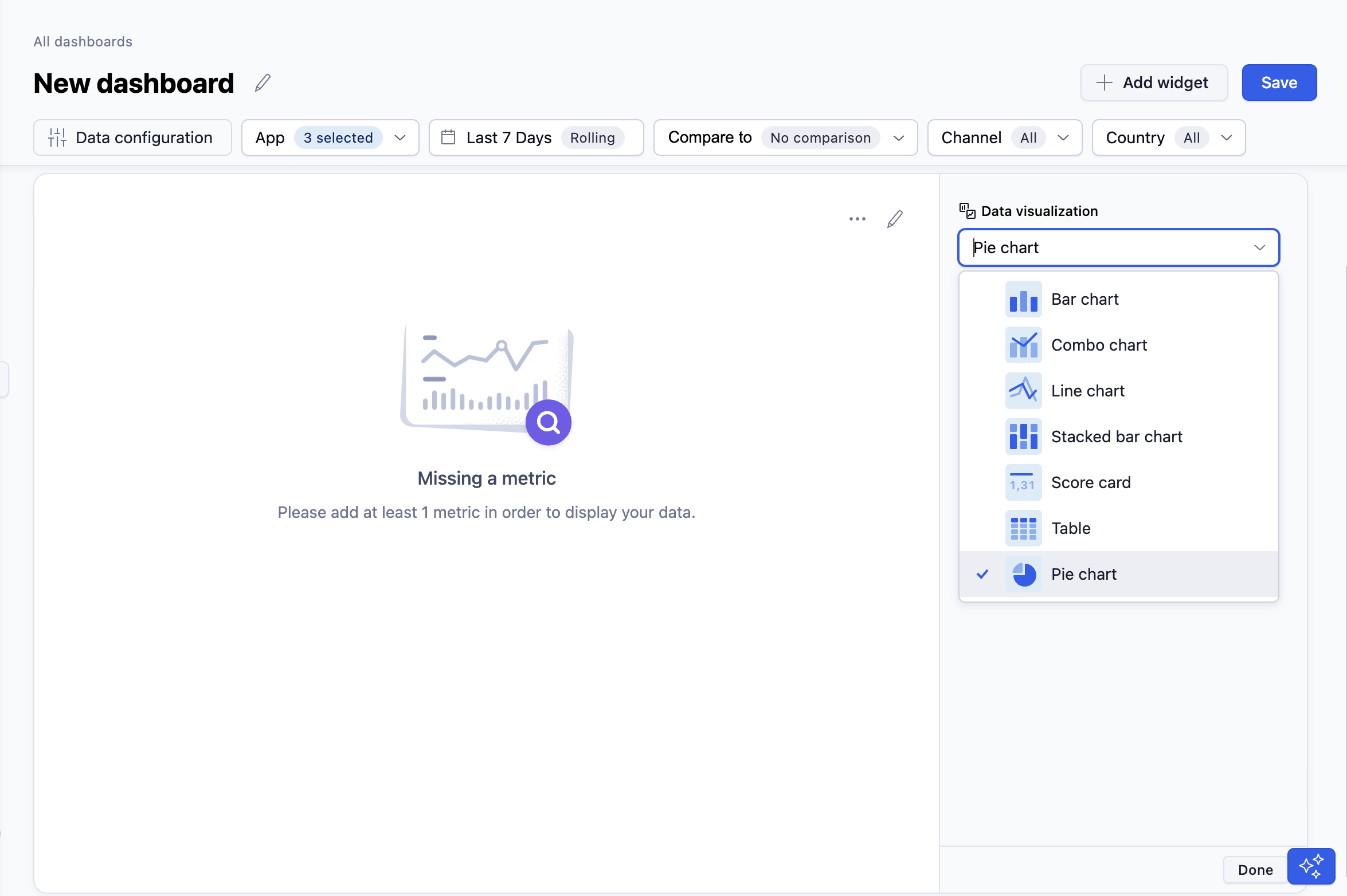 New dashboard with custom widget Screenshot of the setup of a custom widget
