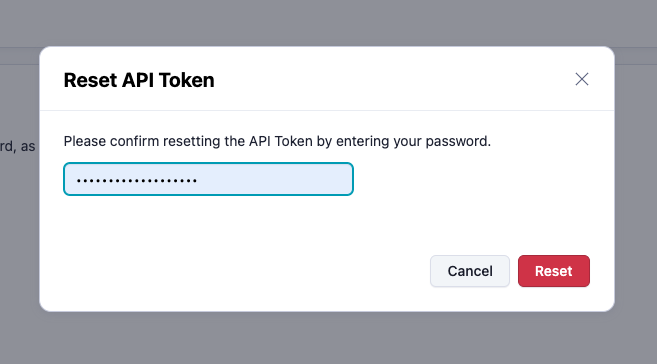A screenshot of how to reset your API token in the dashboard.