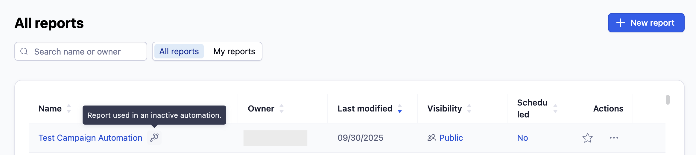 Report linked to campaign automation A screenshot of how to see a report linked to campaign automation
