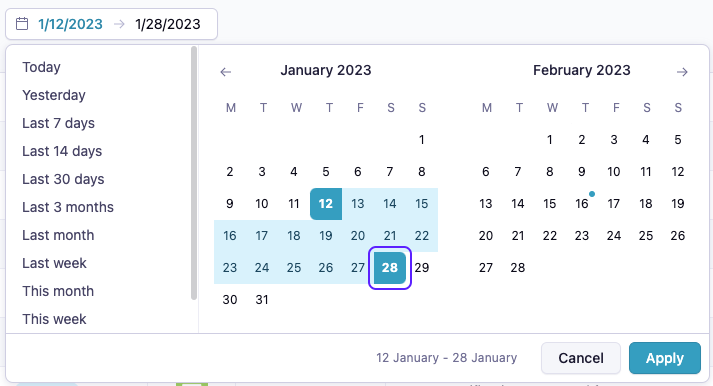Use a date picker to specify a time frame for results.