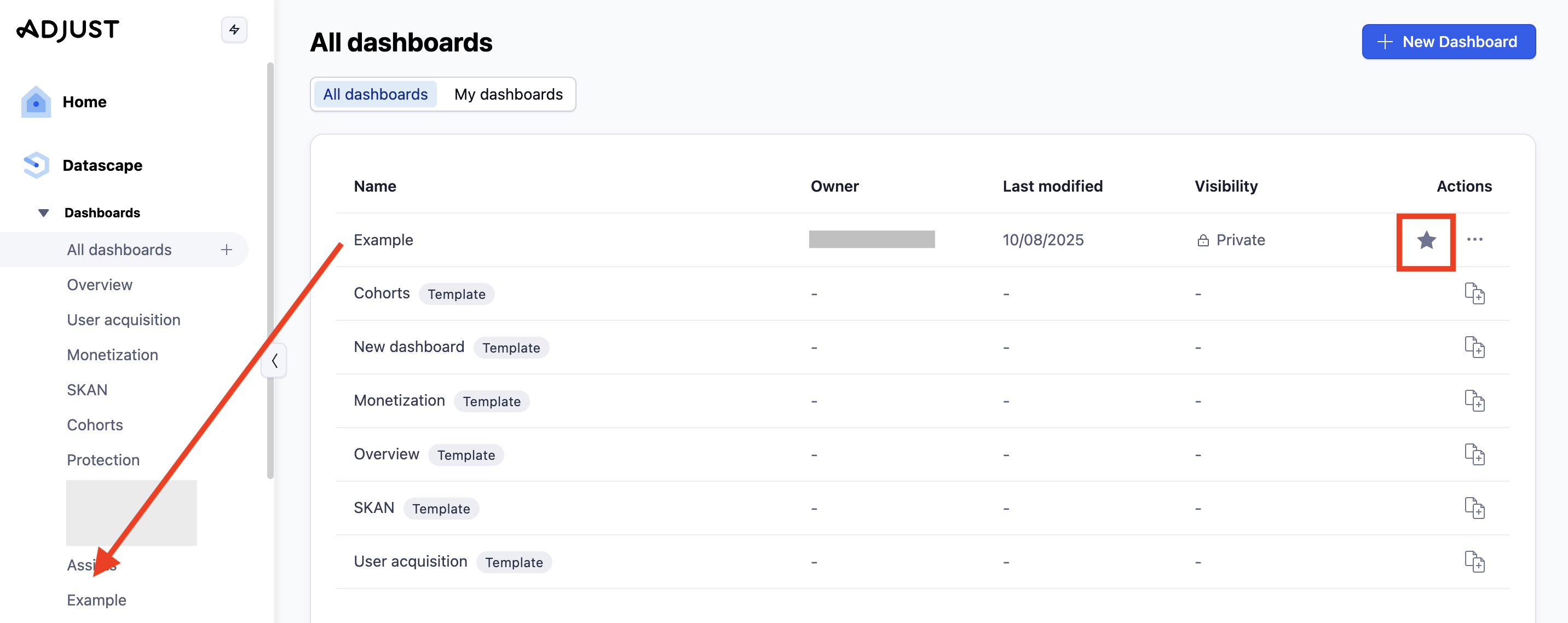 Favorited dashboard shows up in default sidebar list Screenshot to show a favorited dashboard shows up in default sidebar list