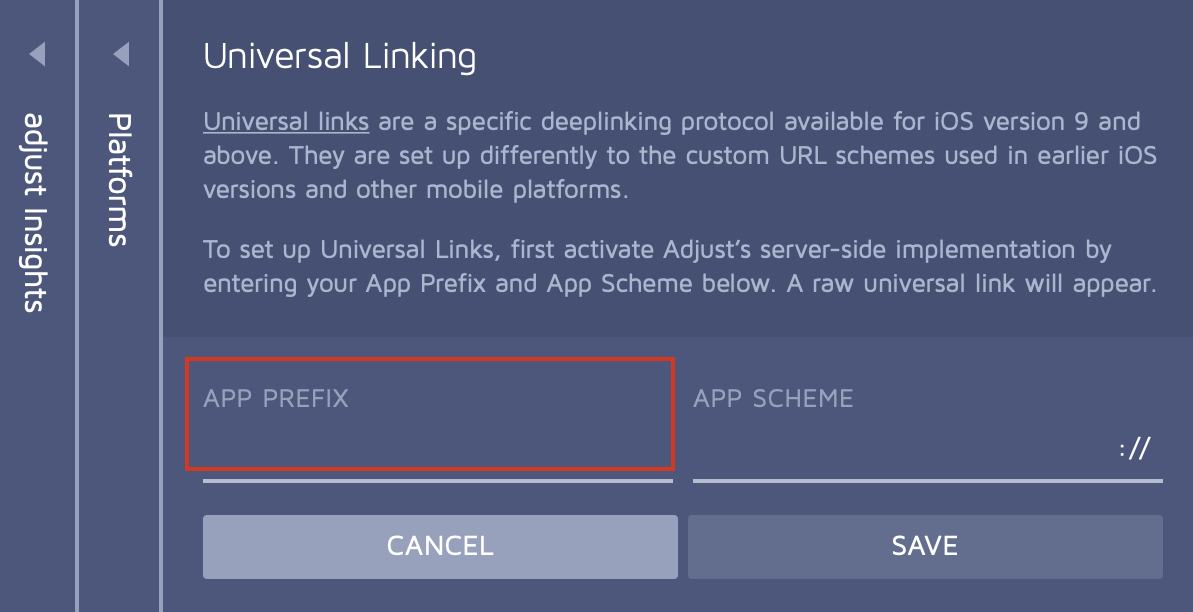 App Prefix field in the Universal Linking section