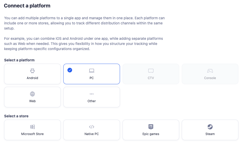 Select a platform for PC game app