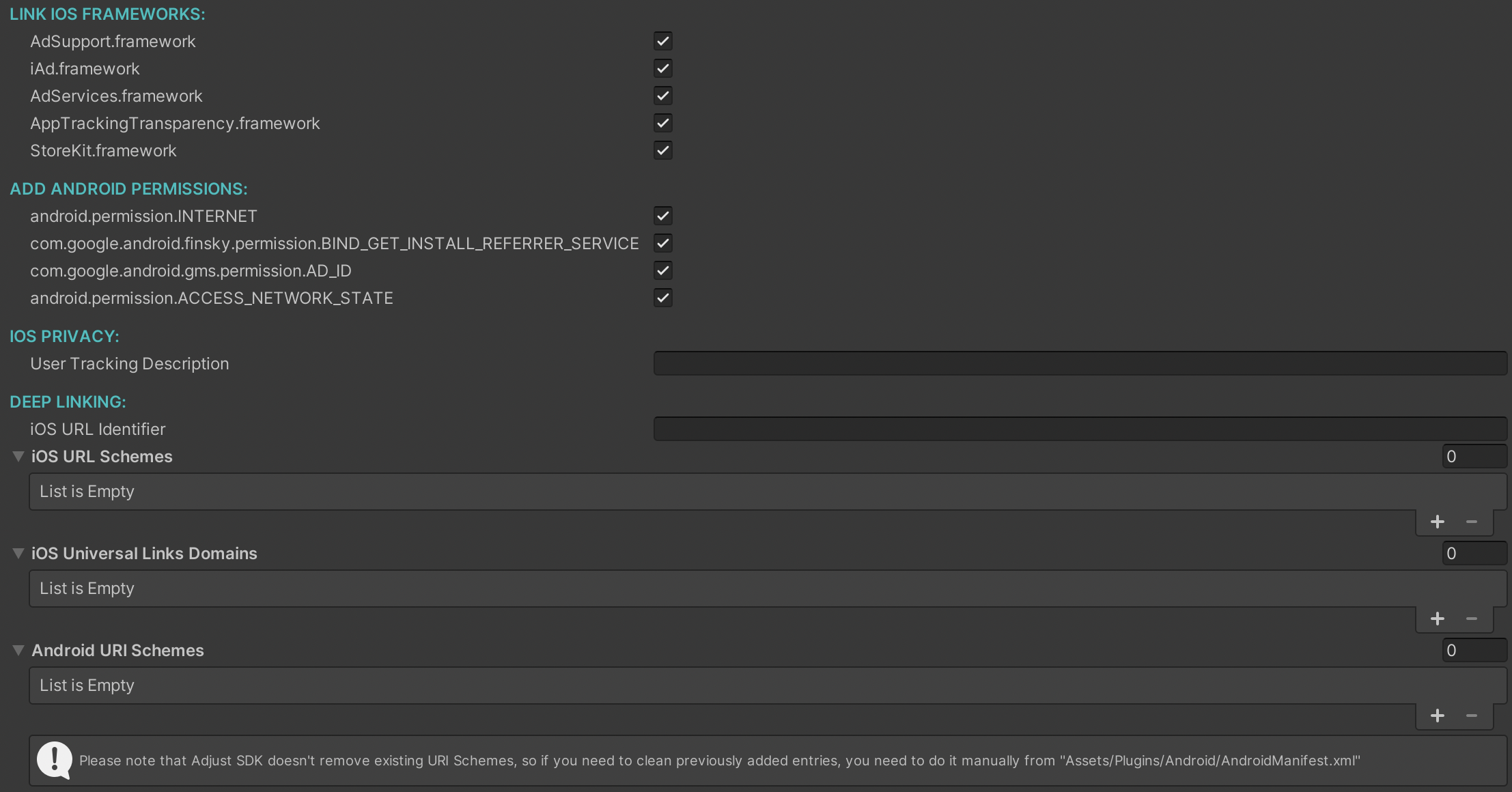 A screenshot of the Adjust SDK post-build configuration script in the Unity editor.