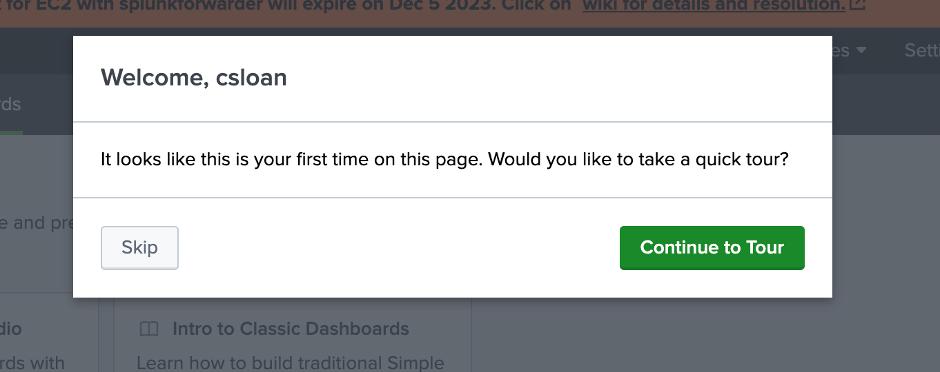 Splunk Welcome message