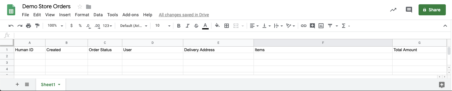 Spready with column headings