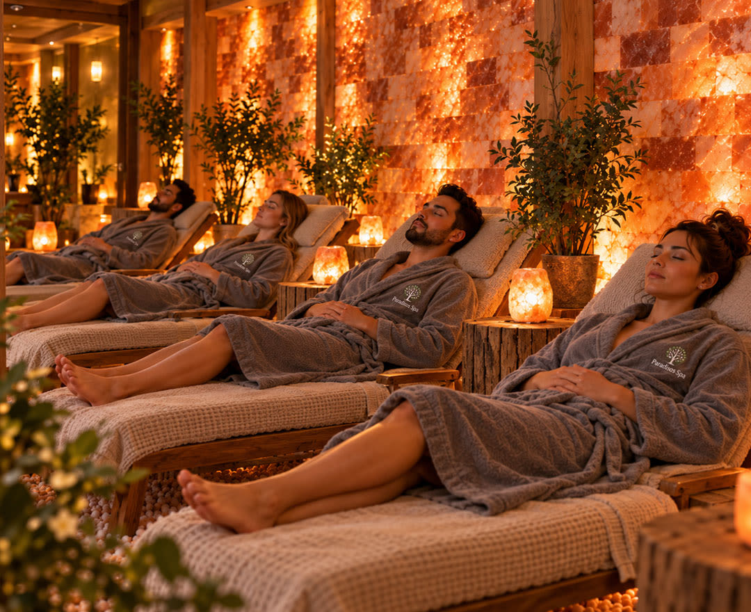 Des personnes se détendent sur des chaises longues dans une ambiance chaleureuse et apaisante.