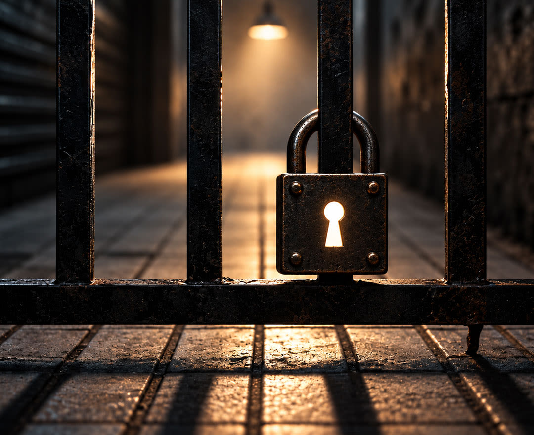 Un imposant cadenas verrouille une grille sombre, créant une atmosphère mystérieuse digne d’un jeu d’évasion.