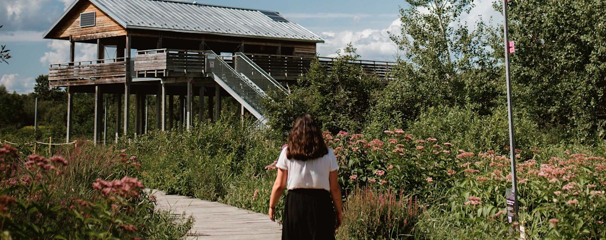 Une fille qui marche dans un sentier fleuri