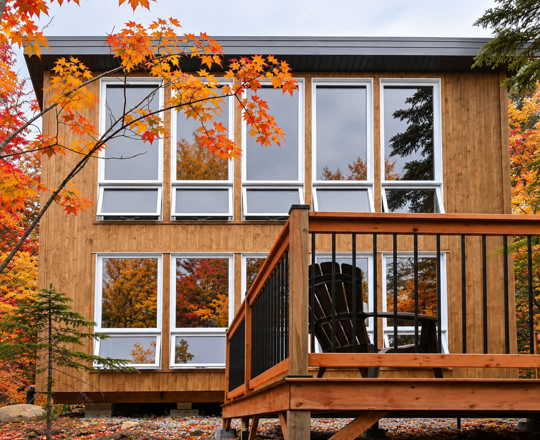 Un micro-chalet moderne en bois dévoile un intérieur chaleureux et lumineux ainsi qu’un extérieur entouré de couleurs automnales.