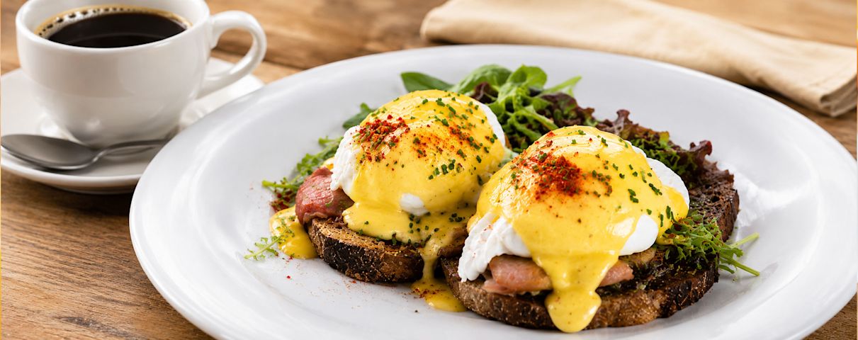 Œufs bénédictine nappés de sauce hollandaise avec un café noir
