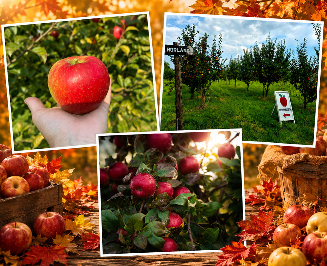 Verger du Roy: Un montage automnal chaleureux mettant en vedette l’autocueillette de pommes dans un décor coloré et lumineux.