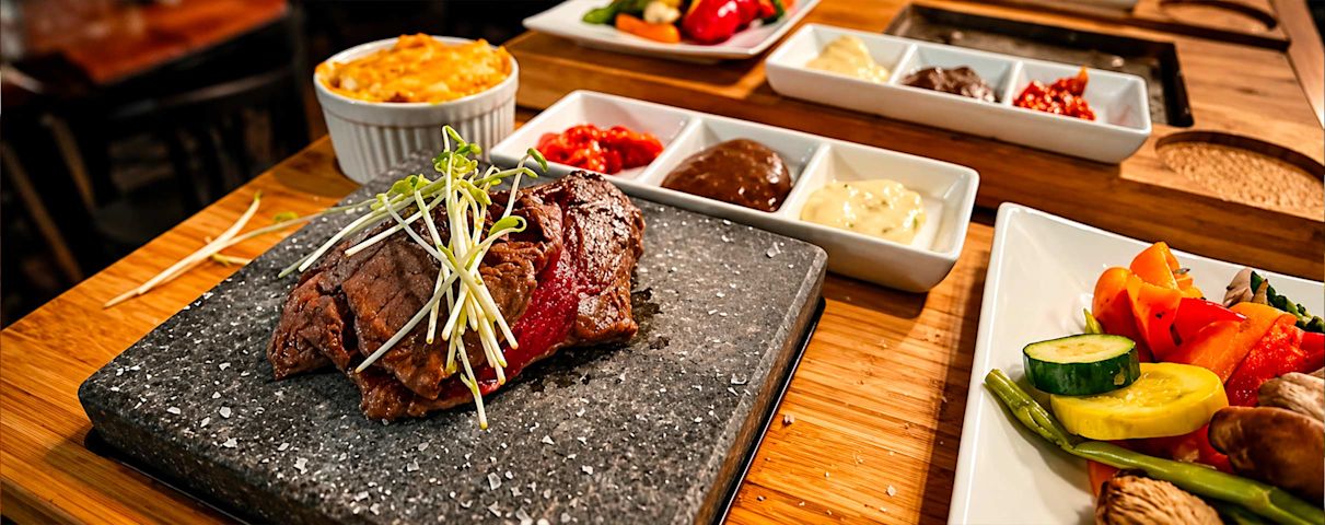 Assiette de viande grillée avec germes, légumes colorés et sauces variées sur une table en bois.