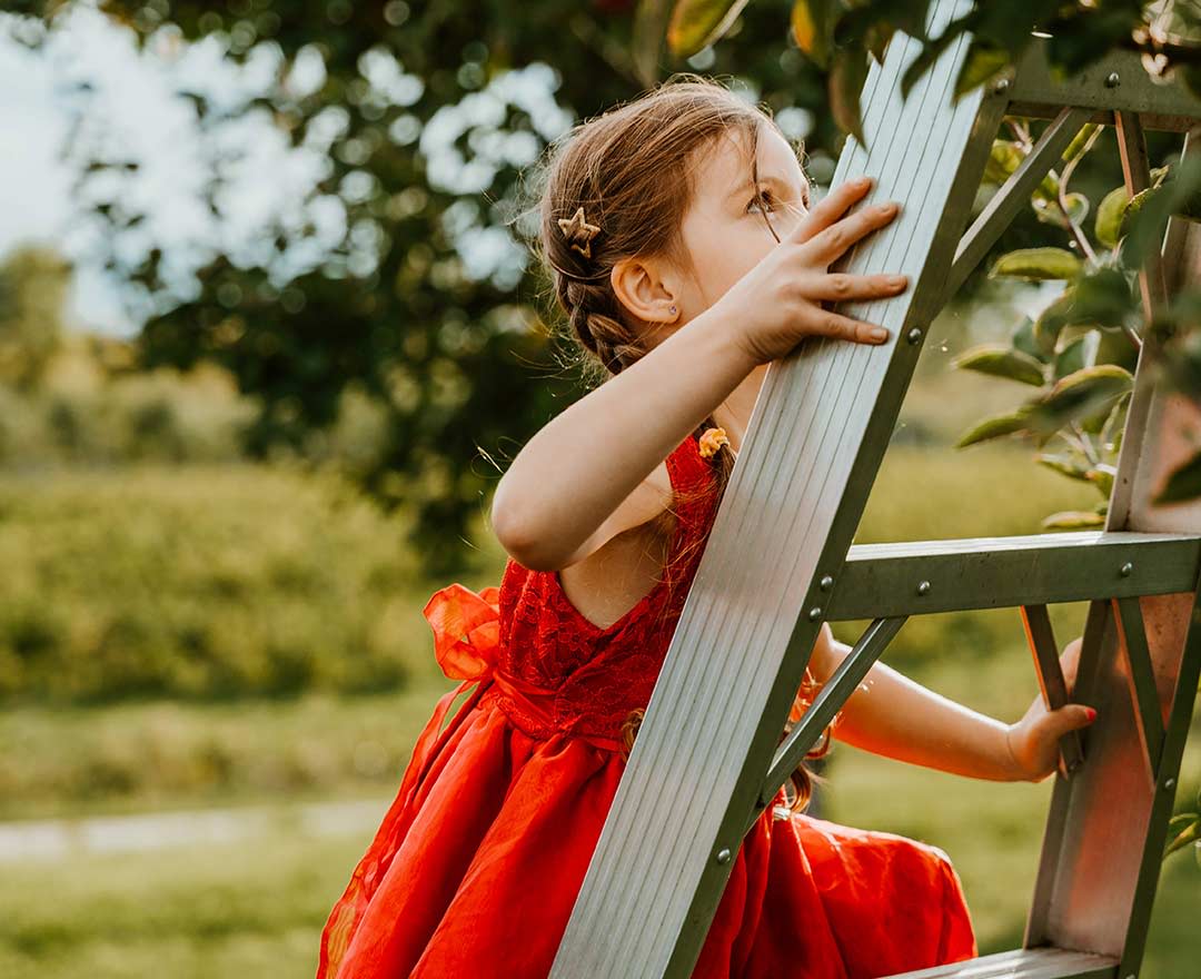 Verger du Roy: Une jeune fille en robe rouge grimpe à une échelle pour cueillir des pommes dans un verger baigné de soleil.