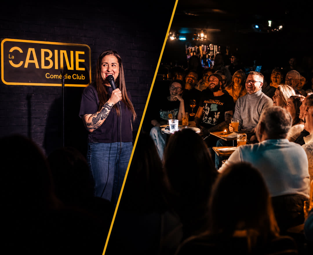 Une salle comble, des éclats de rire et un humoriste sur scène dans une ambiance chaleureuse et intimiste.
