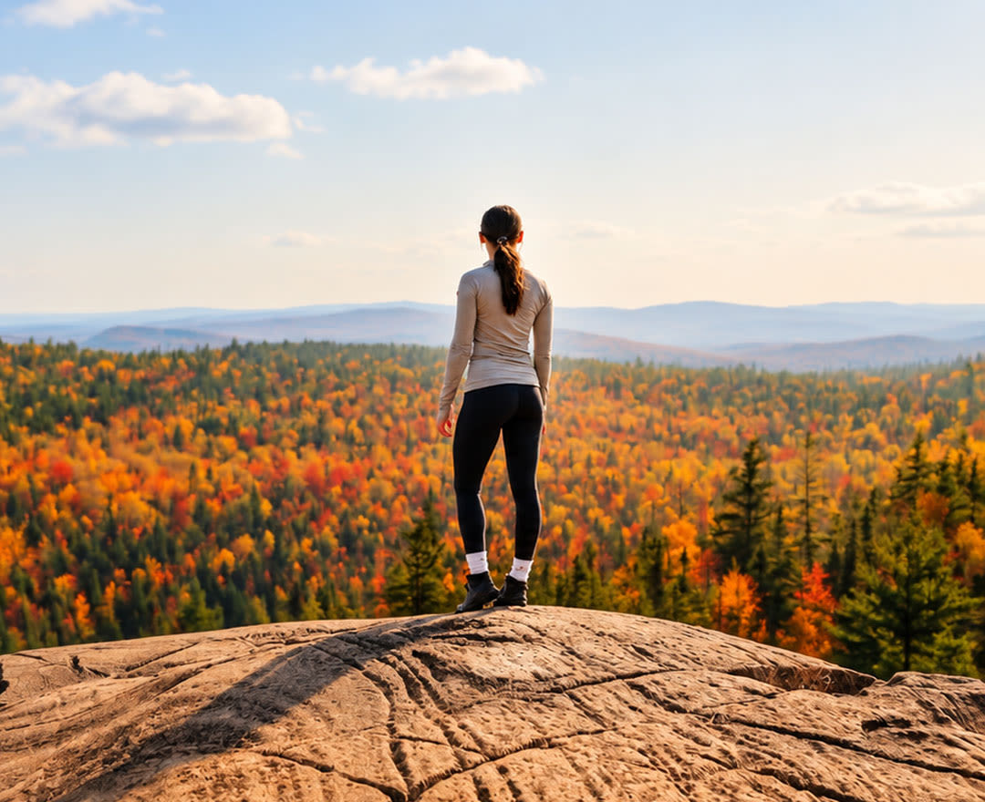 Des randonneurs profitent d’un panorama spectaculaire sur une vallée aux couleurs flamboyantes de l’automne