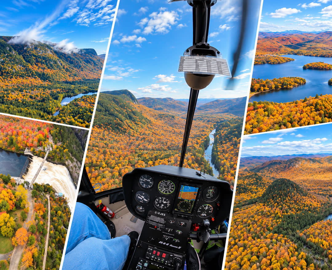 Vue aérienne spectaculaire sur des paysages verdoyants parés des magnifiques couleurs de l’automne.