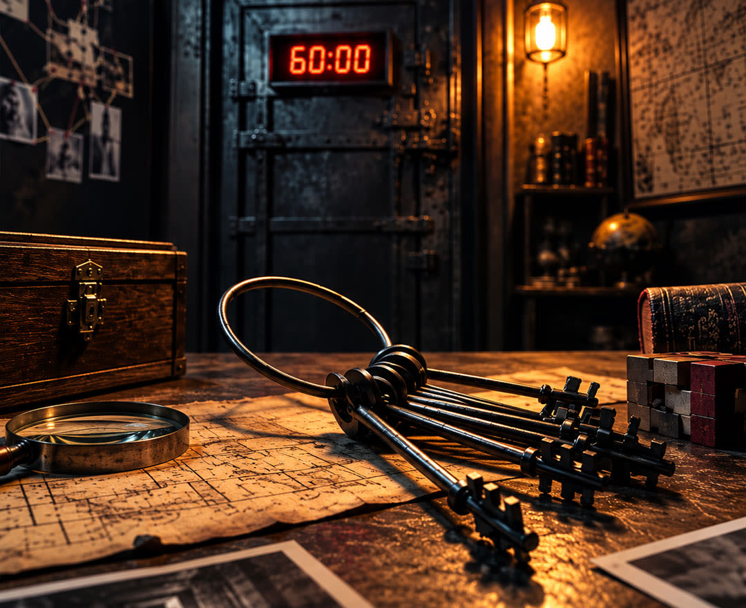 Une salle de jeu d’évasion mystérieuse où clés, cartes et énigmes vous plongent dans une course contre la montre.