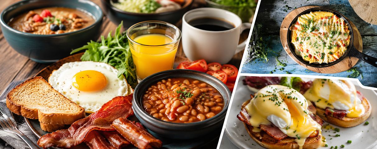 Un généreux assortiment de classiques du déjeuner, accompagné de café, de jus d'orange et d'œufs bénédictine savoureux.