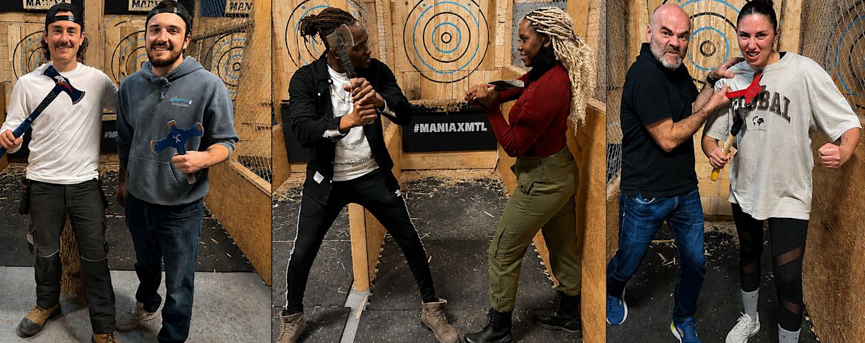 Maniax - Deux hommes souriants avec des haches, un homme et une femme se préparant à lancer, et un duo montrant des expressions déterminées.
