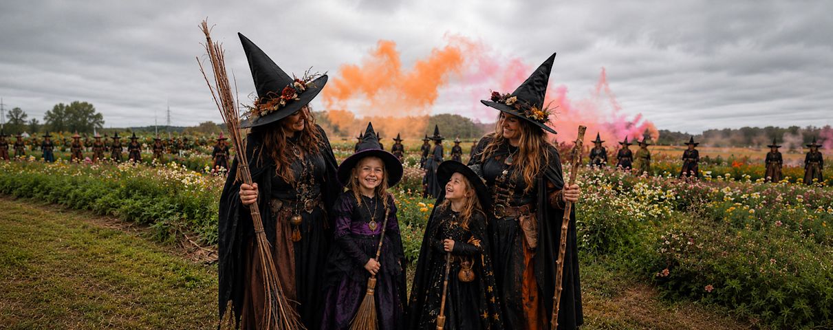 Quatre sorcières posent ensemble dans un champ coloré, entourées de fumée et d’une mystérieuse ambiance d’Halloween