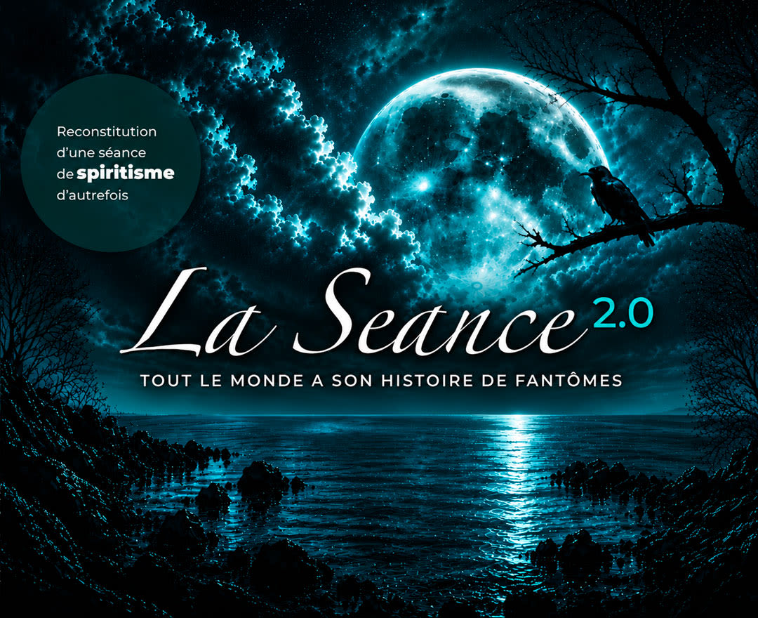 Une affiche mystérieuse sous un ciel nocturne, avec une immense lune, un corbeau et une ambiance sombre et envoûtante.