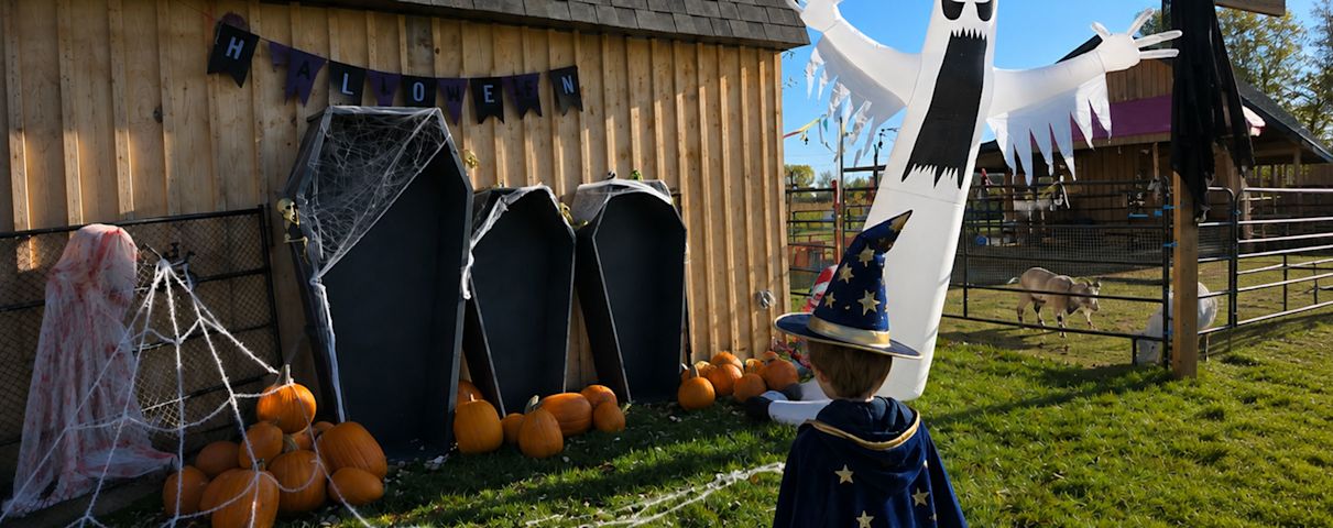 Un enfant déguisé en sorcier découvre un décor d’Halloween effrayant avec des cercueils, des citrouilles, des toiles d’araignée et un fantôme géant