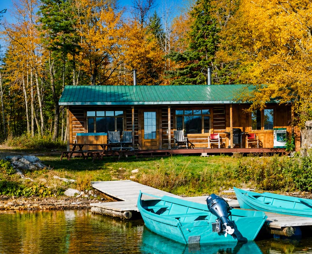 Chalet dans la foret avec des arbres aux couleurs d'automne et 2 chaloupes au bout du quai