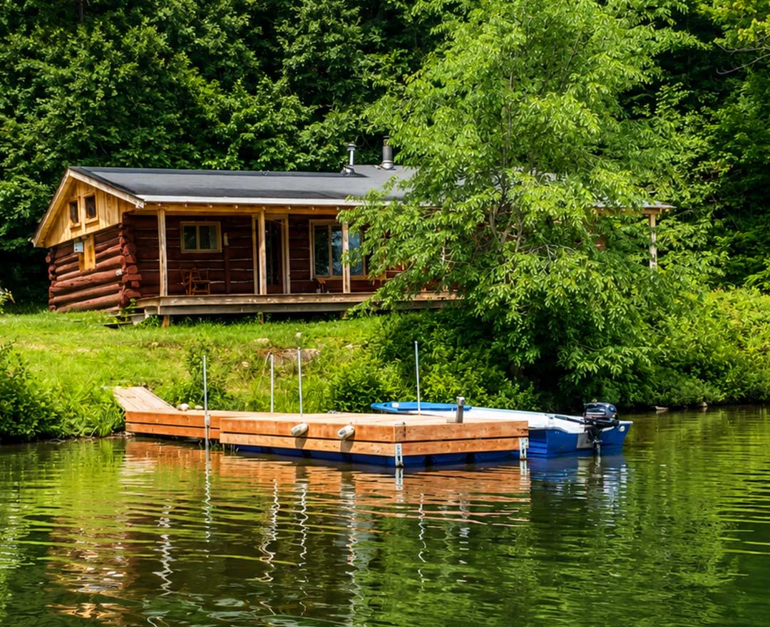 Beau grand lac avec un quai et 3 chaloupes