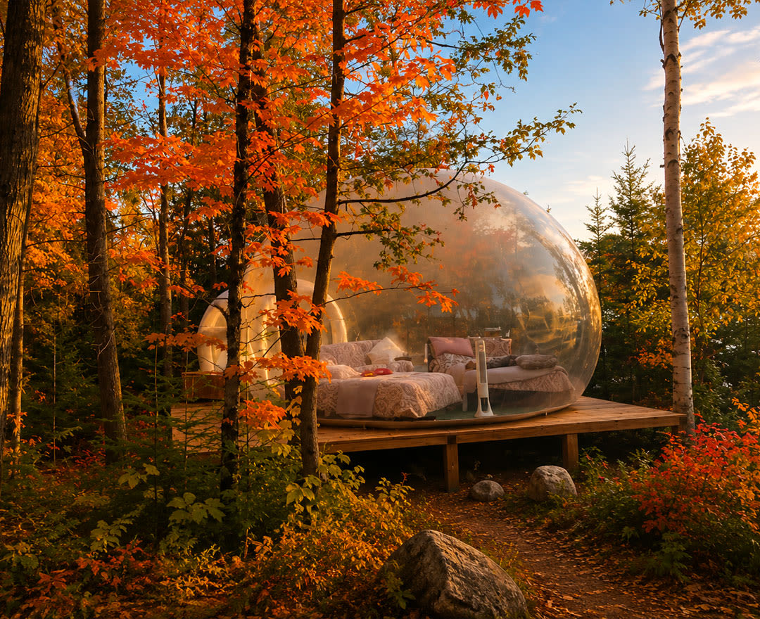 Cavaland - Bulle transparente avec lit sur plateforme en bois, entourée d'arbres aux feuilles d'automne orange et jaunes.