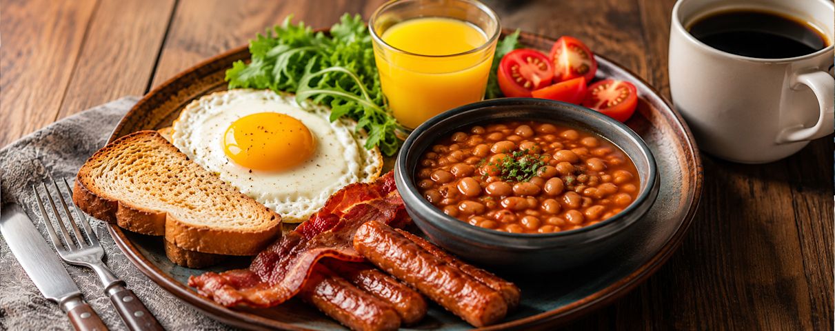 Assiette déjeuner classique : œuf au plat, bacon croustillant, saucisses, fèves au lard, rôties, salade verte, tomates cerises, café et jus d'orange.