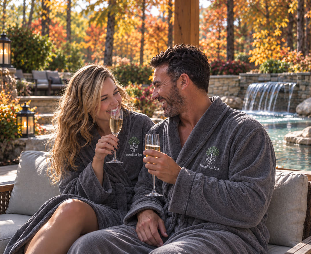 Un couple profite d’un moment de détente autour d’une coupe de mousseux au spa.
