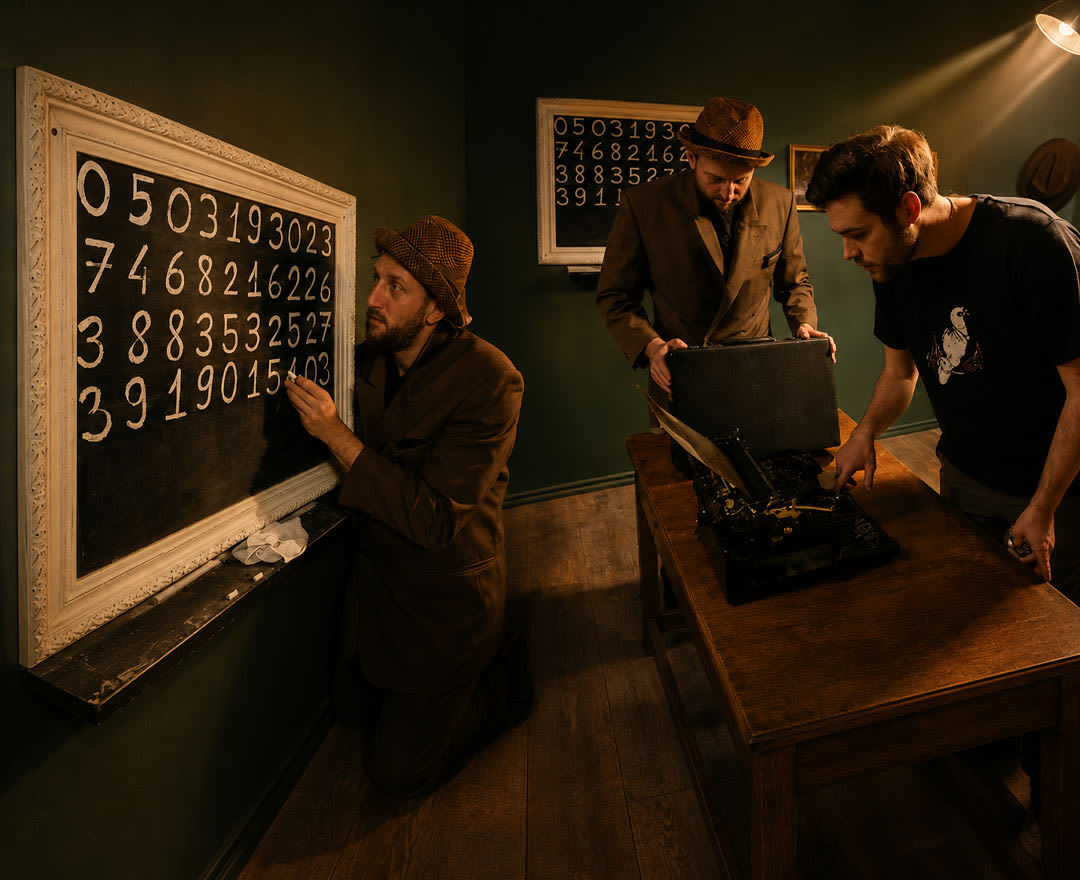 Un homme en chandail jaune examine des photos encadrées dans une pièce sombre, utilisant une lampe de poche.