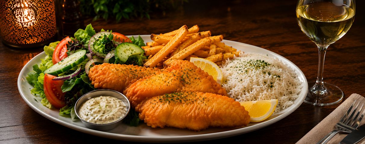 Un généreux fish and chips servi avec du riz à grain long, des frites, une salade jardinière, une sauce tartare et une coupe de vin blanc.