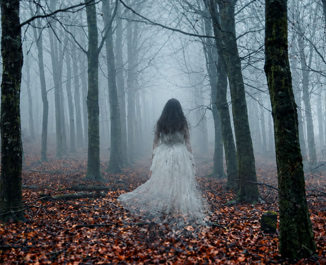 Mentaliste: Une mystérieuse silhouette vêtue de blanc avance dans une forêt brumeuse à l’atmosphère sombre et envoûtante.