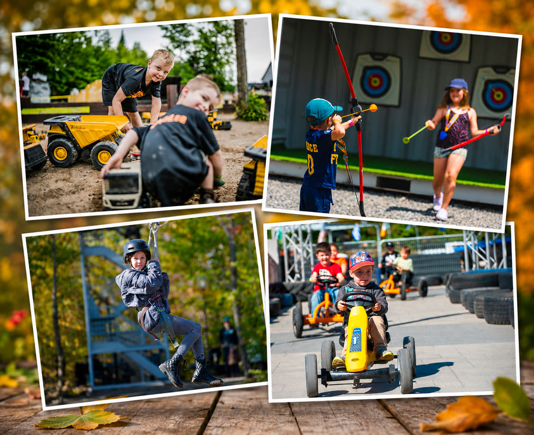Un montage coloré d’enfants profitant de plusieurs activités extérieures amusantes.
